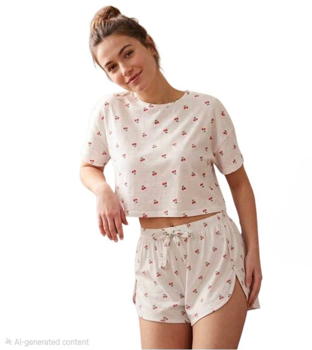 NWOT Cherry Print Two Piece Pajama Set Crop Top & Shorts Size 2XL
